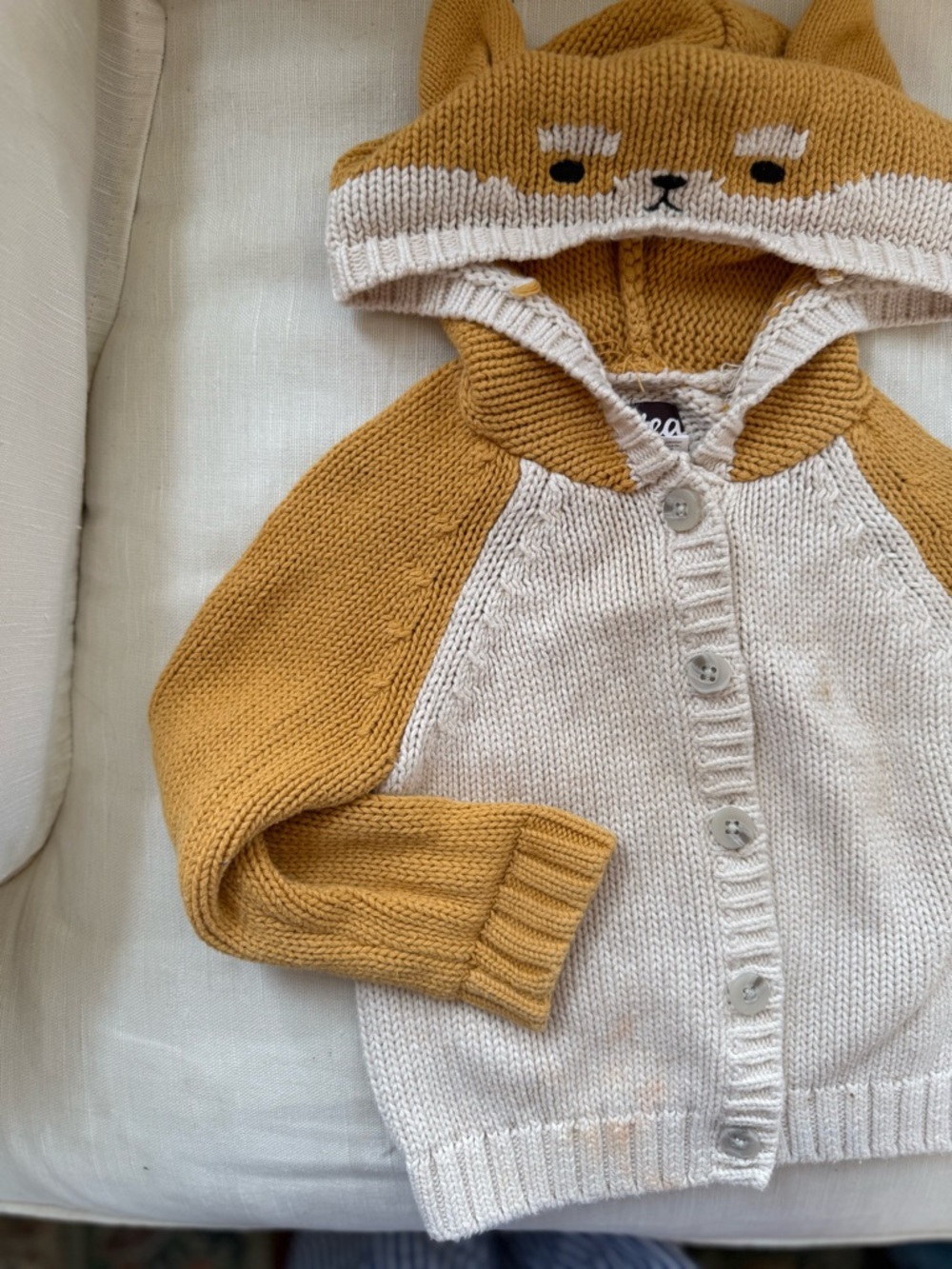 Tea Collection Baby Cardigan- Oatmeal Shiba Inu knit 100% cotton sweater - Picture 4 of 7